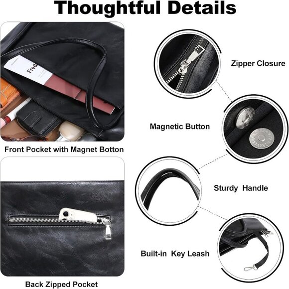 Large Vegan Leather Tote Bag Women Work Travel Zipper Pockets 16L - Picture 3 of 6